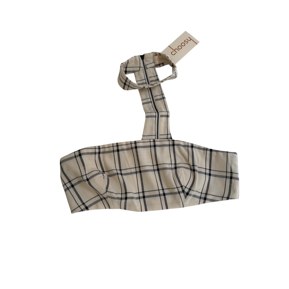 Choosy Plaid Choker Bandeau Crop Top Cream Black Zip Back Size 4 NWT